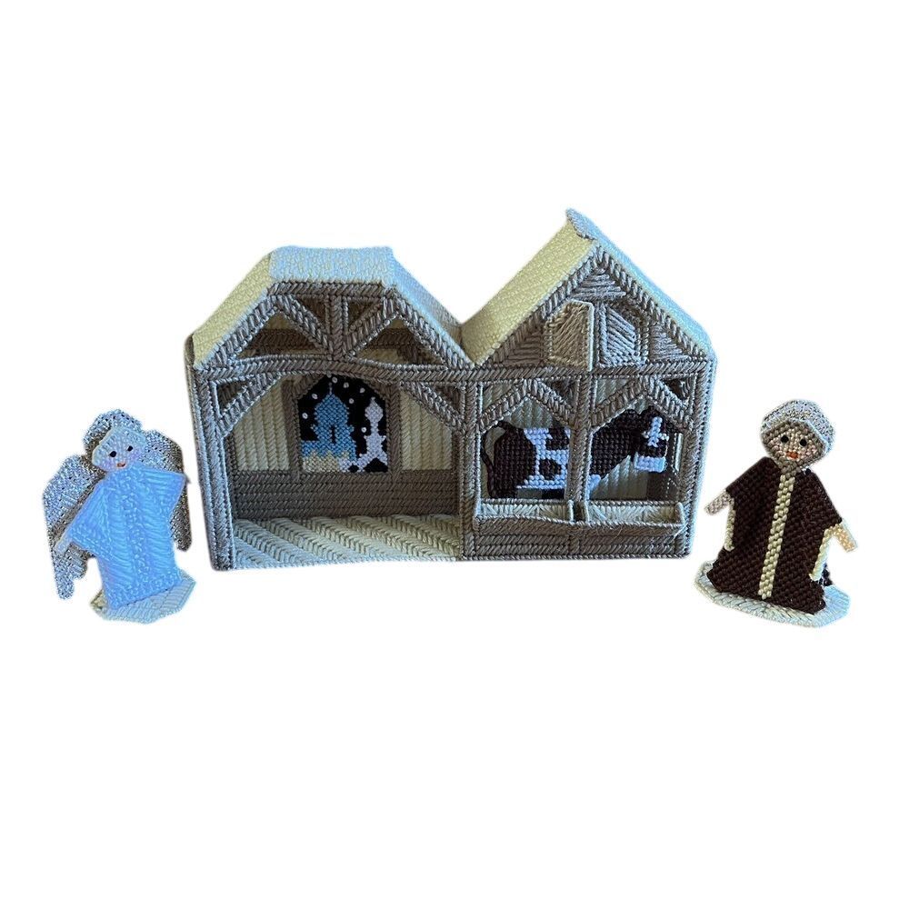 Vintage Plastic Canvas Needlepoint Nativity Manger‎ Set Handmade Christmas